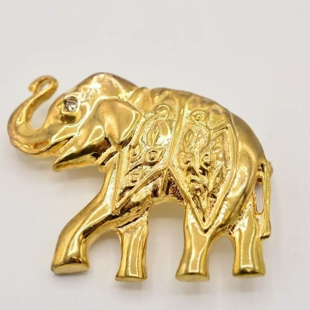 Vintage Elephant Pin Brooch Gold Rhinestone Antiqued Gold Tone Chunky 1980s 9B